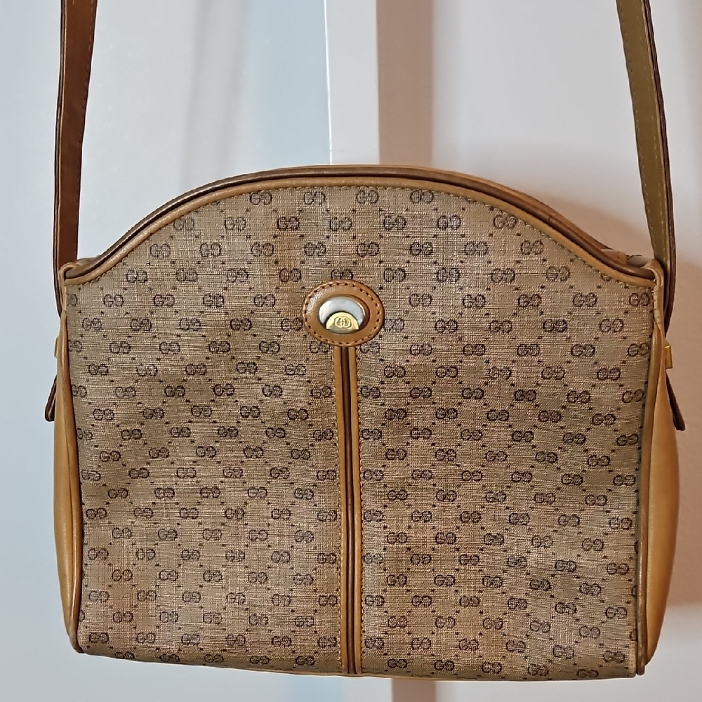 Gucci Brown Monogram Shoulder Bag with Tan Leather Trim